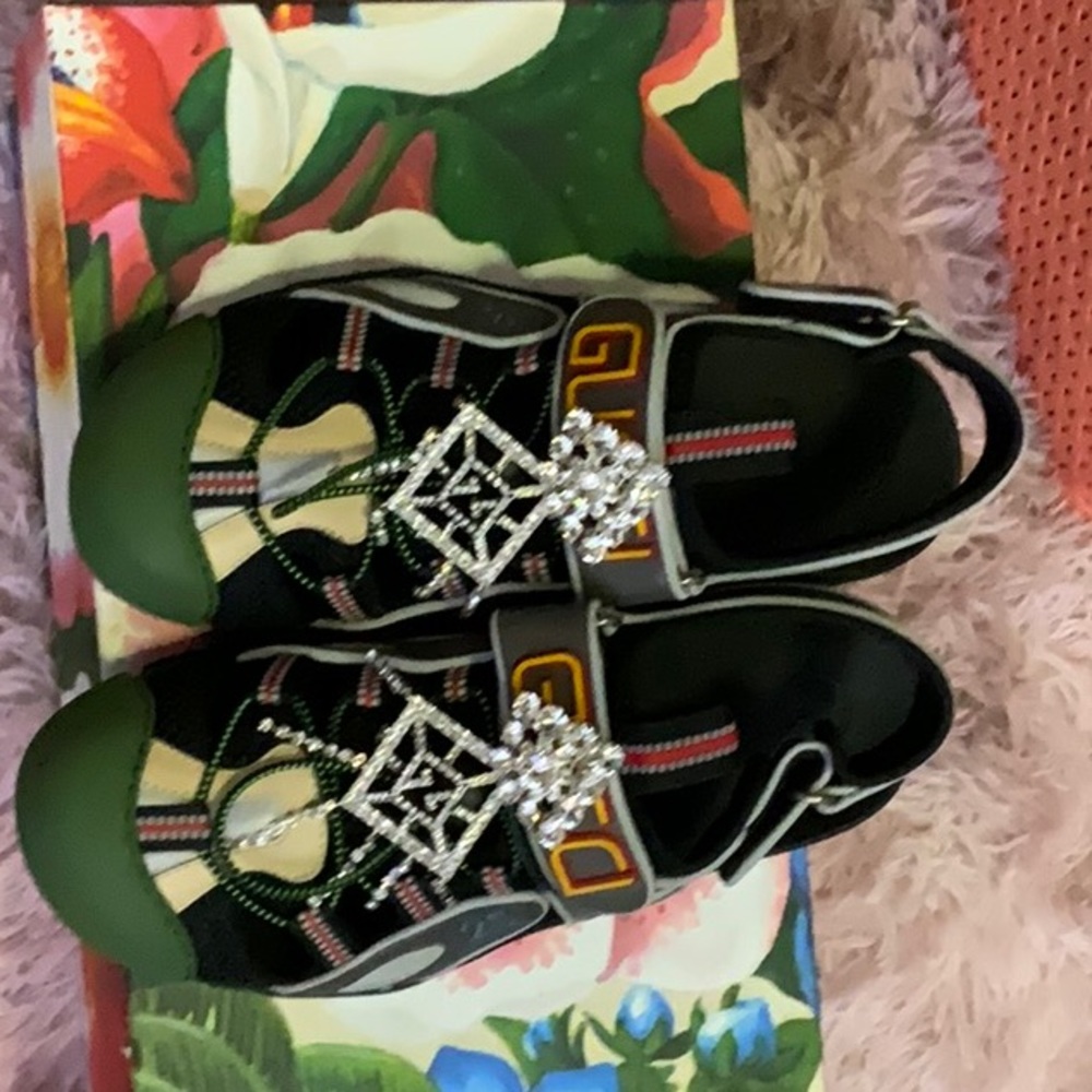 Gucci Black Green Embellished Slip-On Sneakers
